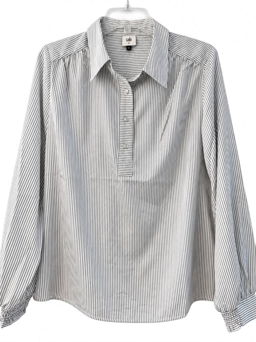 CAbi Classy Blouse Gray White Stripe Size M NWOT